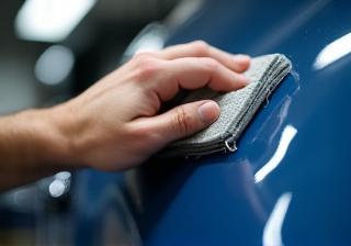 Close-up of GTECHNIQ ceramic coating being precisely applied to a car panel